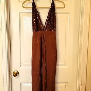 Brown silk sequins jumpsuit